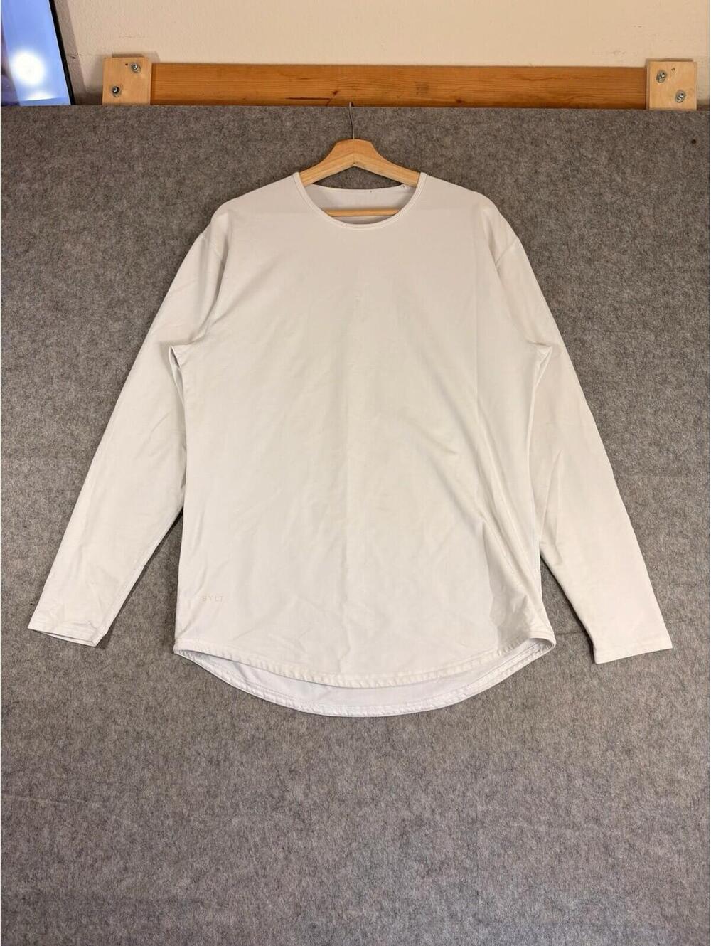 BYLT Shirt Mens Large White Long Sleeve Crewneck Drop Cut Tagless Stretch Fit